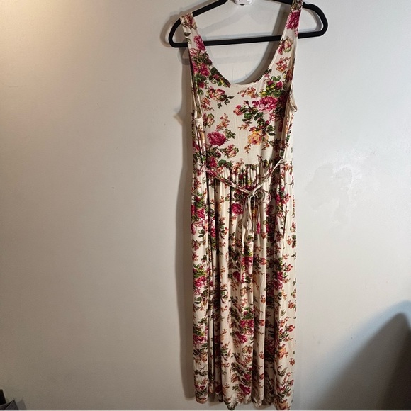 APRIL CORNELL Sz M Floral Pink Maxi Dress Jersey Knit Belted Unlined Scoop Neck - Picture 12 of 14